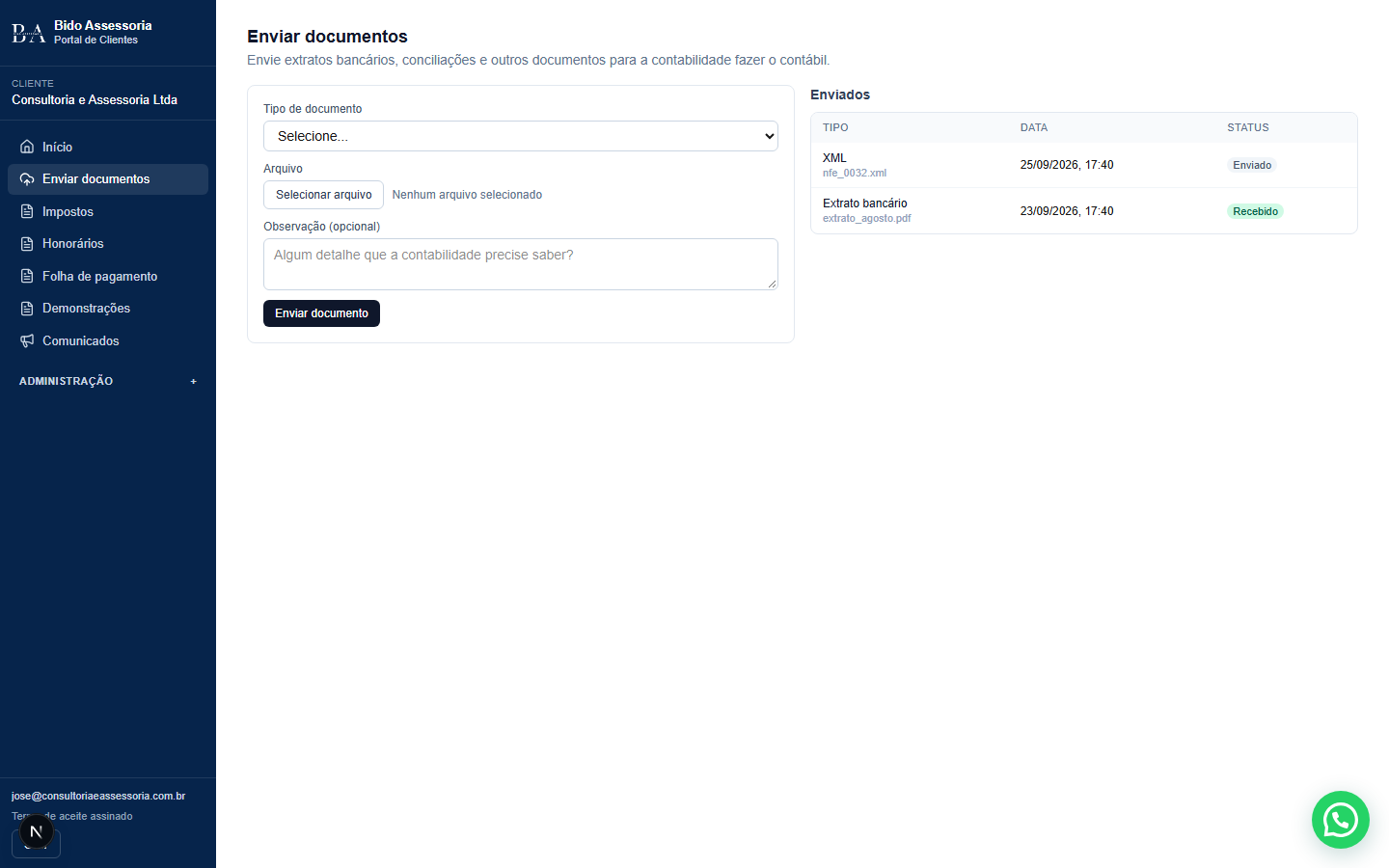 Envio de documentos para a equipe